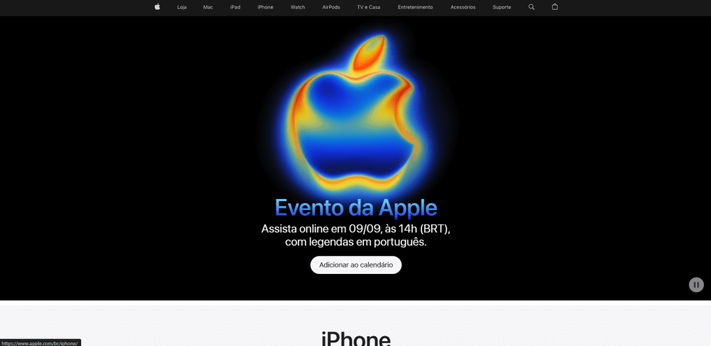 Site institucional: o que é e por que sua empresa precisa 2 Printscreen do site institucional da Apple Brasil